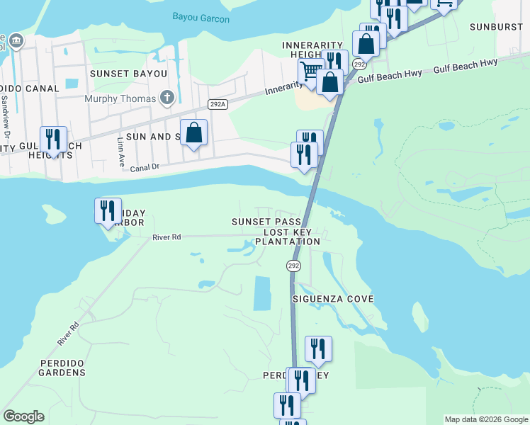map of restaurants, bars, coffee shops, grocery stores, and more near 6049 Elysian Ave in Pensacola