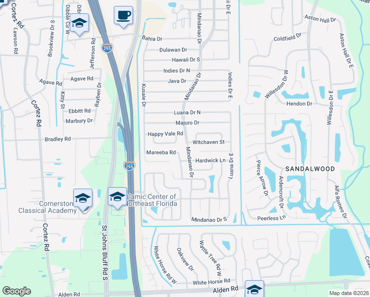 map of restaurants, bars, coffee shops, grocery stores, and more near 2166 Mindanao Drive in Jacksonville