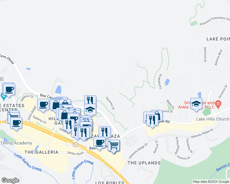 map of restaurants, bars, coffee shops, grocery stores, and more near 3314 San Mateo Drive in Austin