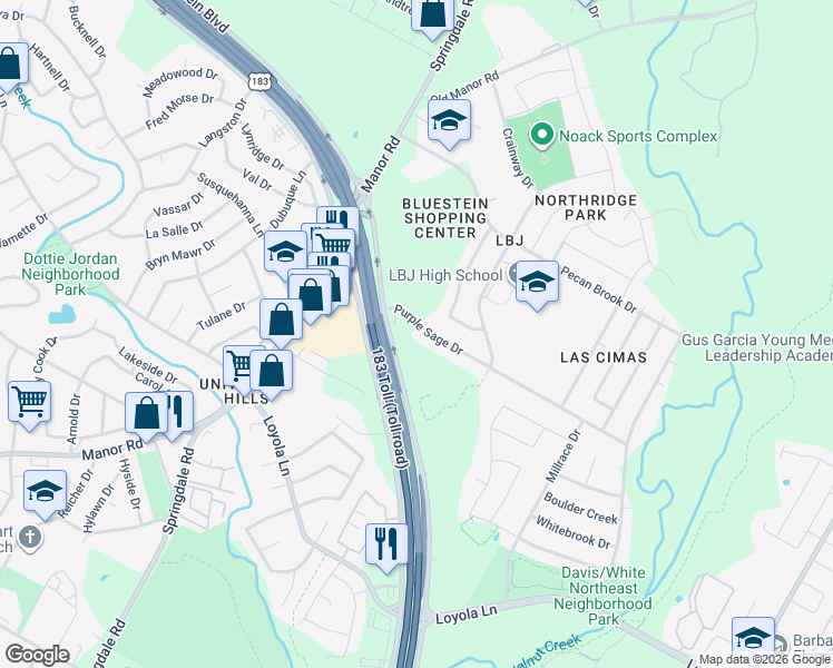 map of restaurants, bars, coffee shops, grocery stores, and more near 5101 Purple Sage Drive in Austin