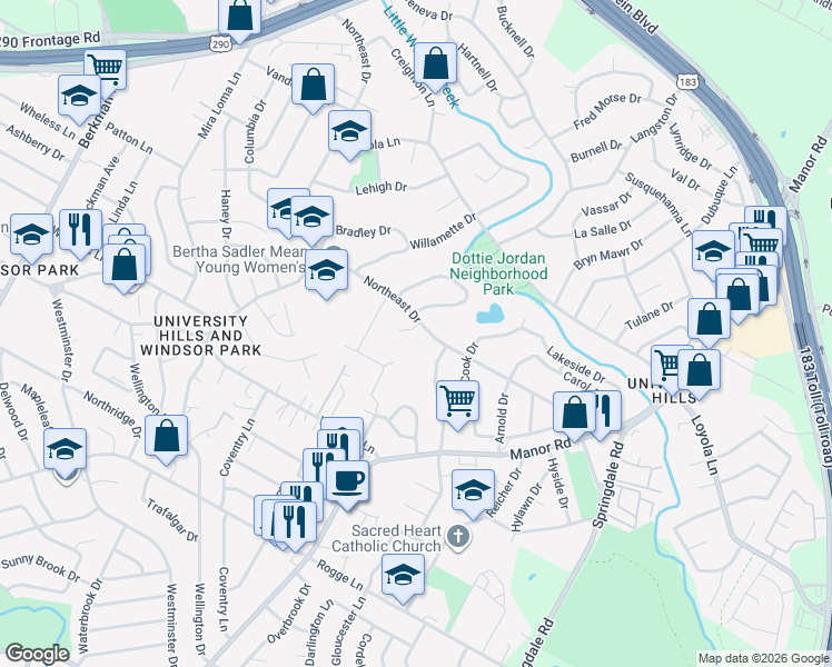 map of restaurants, bars, coffee shops, grocery stores, and more near 6411 Chimney Creek Circle in Austin