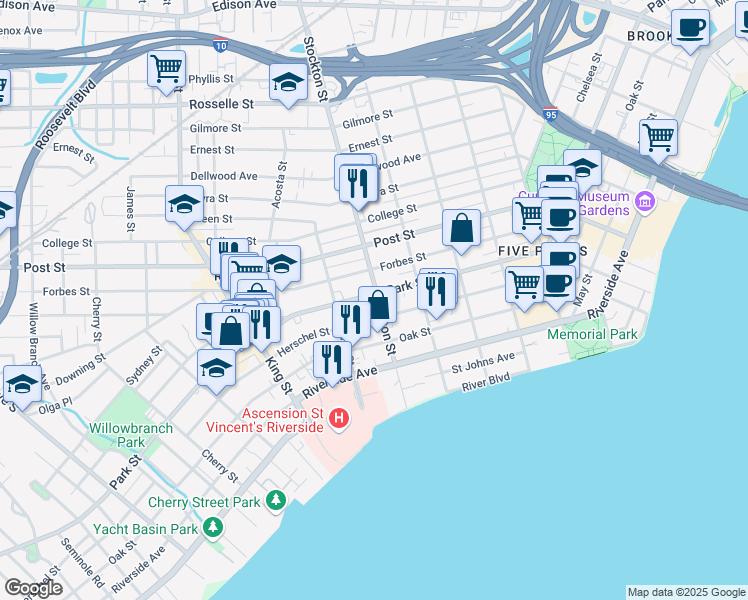 map of restaurants, bars, coffee shops, grocery stores, and more near 2504 Park Street in Jacksonville
