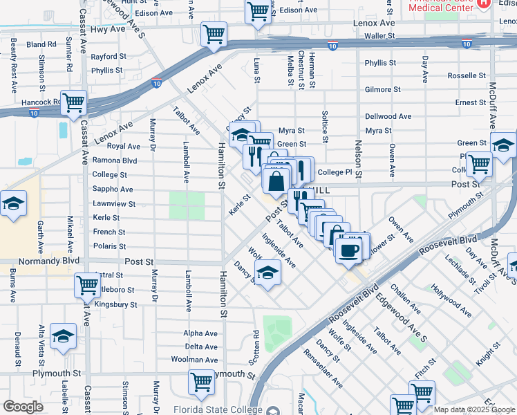 map of restaurants, bars, coffee shops, grocery stores, and more near 928 Talbot Avenue in Jacksonville
