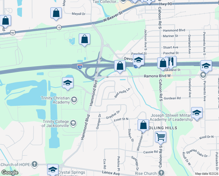 map of restaurants, bars, coffee shops, grocery stores, and more near 8450 North Trambley Drive in Jacksonville