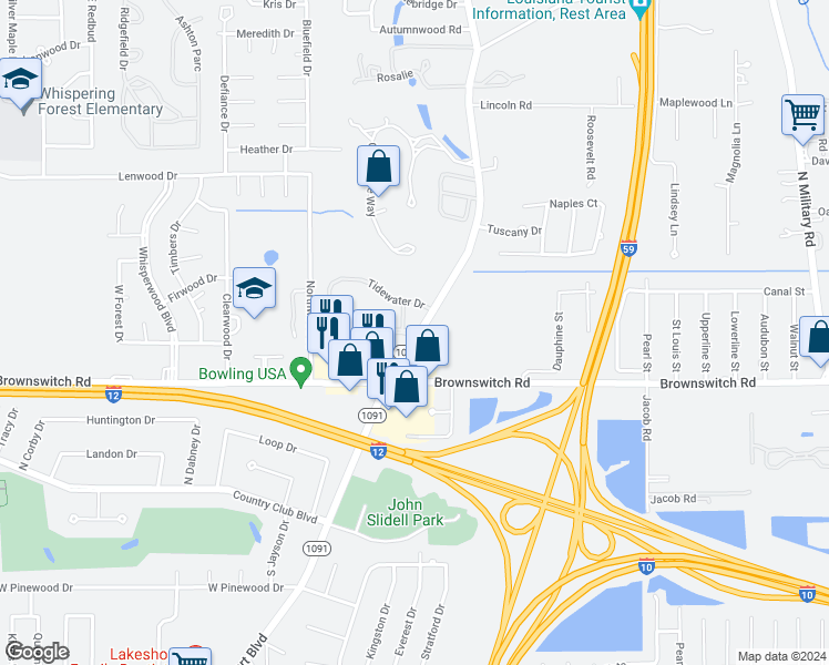 map of restaurants, bars, coffee shops, grocery stores, and more near 3024 Pelican Pointe Drive in Slidell