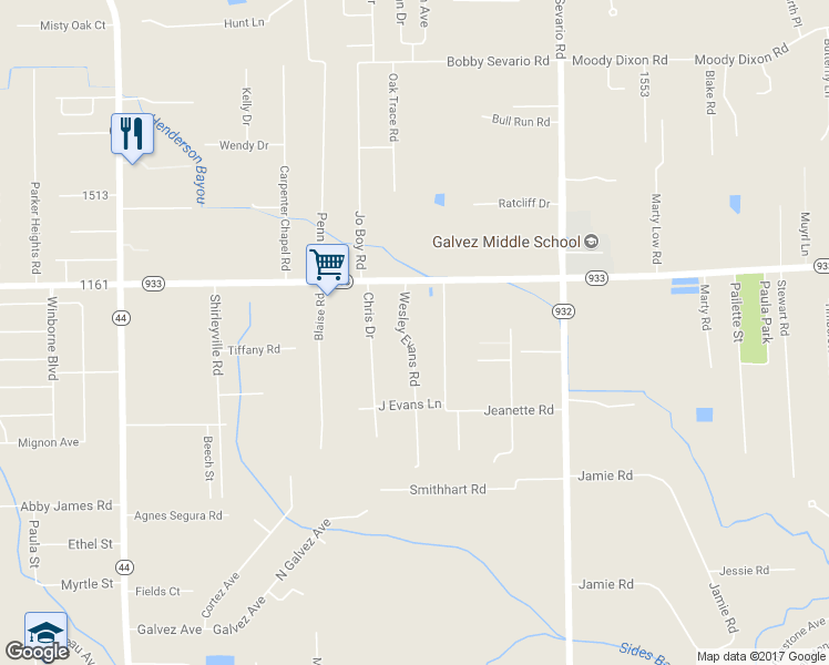 map of restaurants, bars, coffee shops, grocery stores, and more near 16480 Wesley Evans Road in Prairieville