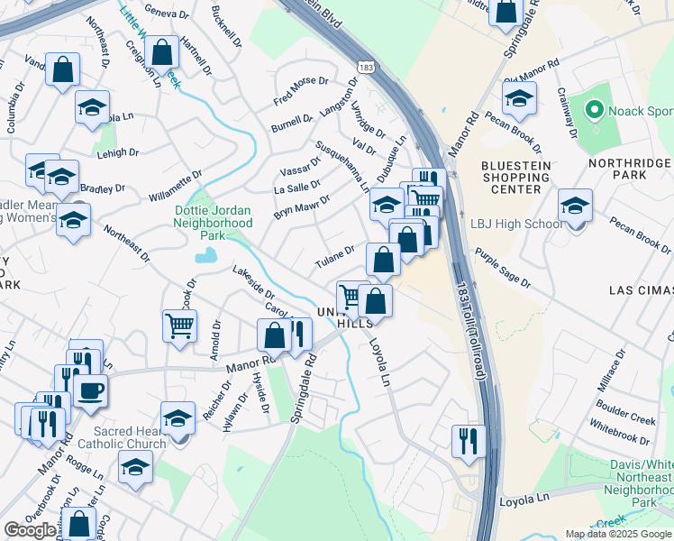 map of restaurants, bars, coffee shops, grocery stores, and more near 6706 Kings Point West in Austin