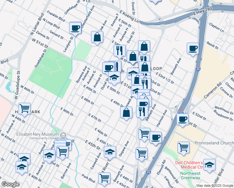 map of restaurants, bars, coffee shops, grocery stores, and more near 613 East 50th Street in Austin