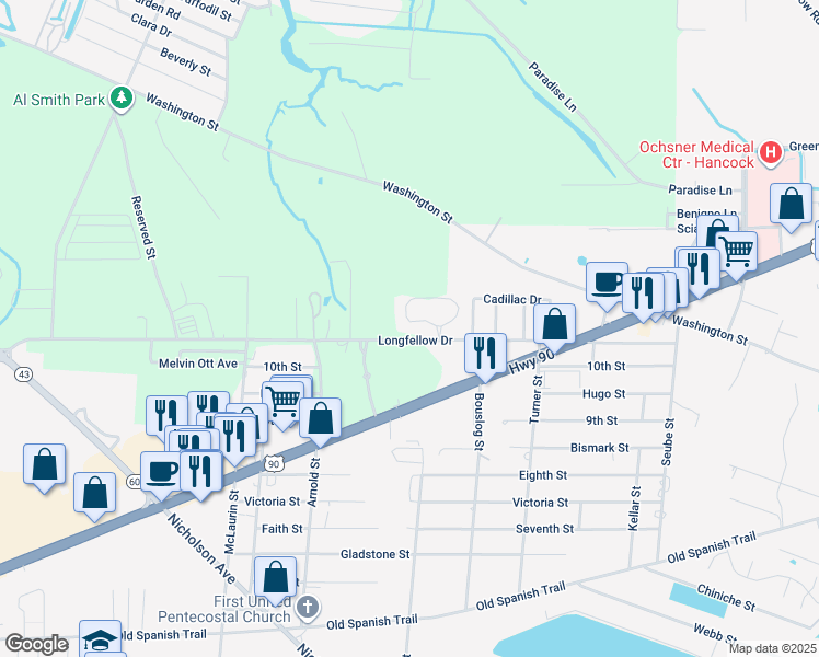 map of restaurants, bars, coffee shops, grocery stores, and more near 11 Bay Park Way in Bay Saint Louis