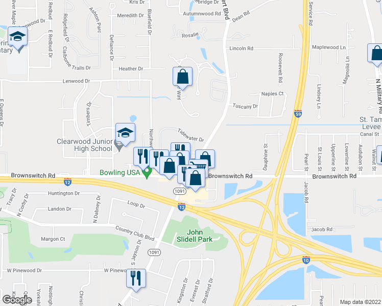 map of restaurants, bars, coffee shops, grocery stores, and more near 3213 Pelican Pointe Drive in Slidell