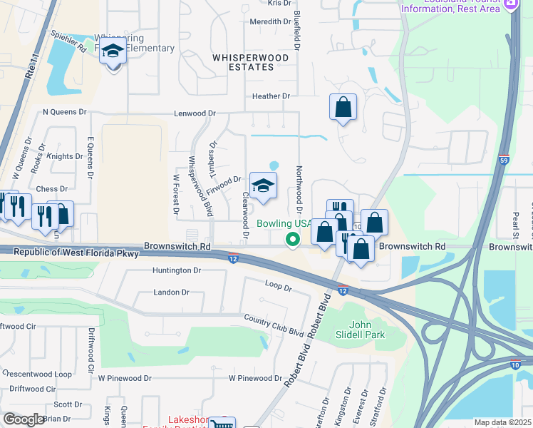 map of restaurants, bars, coffee shops, grocery stores, and more near 130 Clearwood Drive in Slidell
