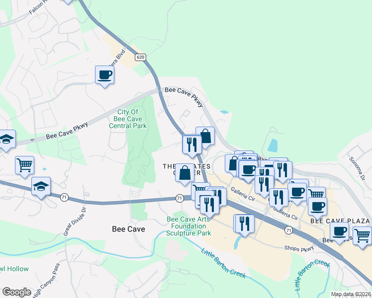 map of restaurants, bars, coffee shops, grocery stores, and more near 3936 South Farm to Market 620 Road in Austin