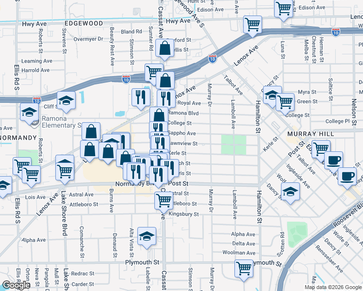 map of restaurants, bars, coffee shops, grocery stores, and more near 4808 Lawnview Street in Jacksonville