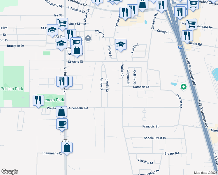 map of restaurants, bars, coffee shops, grocery stores, and more near 309 Estelle Drive in Carencro