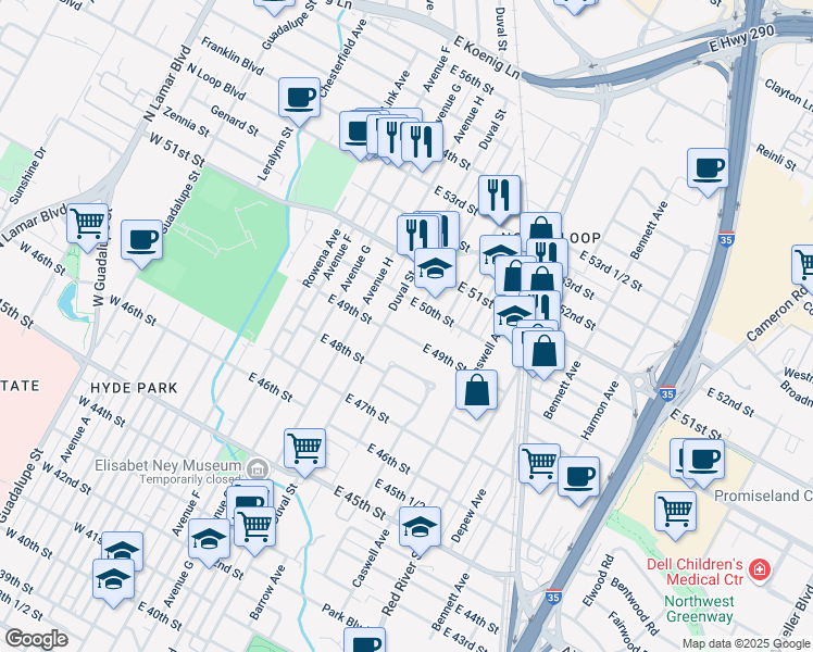 map of restaurants, bars, coffee shops, grocery stores, and more near 506 East 49th Street in Austin