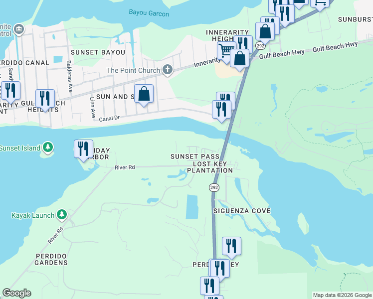 map of restaurants, bars, coffee shops, grocery stores, and more near 6047 Valhalla Avenue in Pensacola