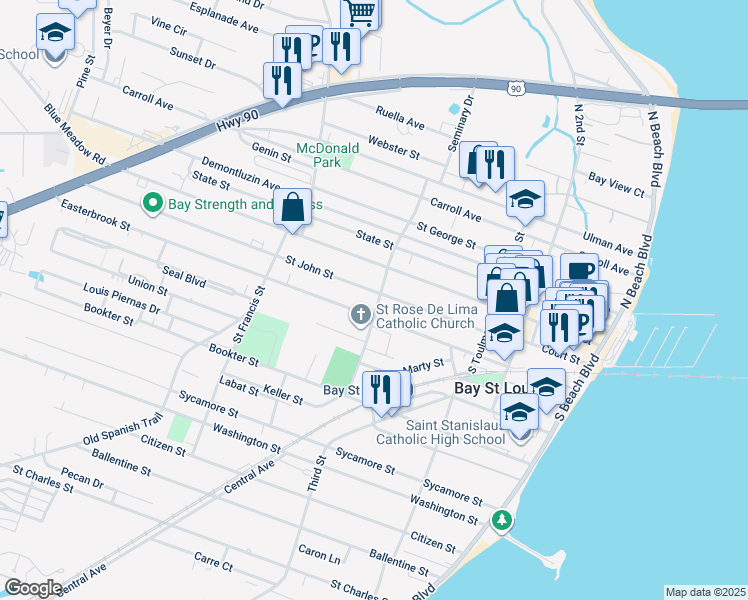 map of restaurants, bars, coffee shops, grocery stores, and more near 202 South Necaise Avenue in Bay St. Louis