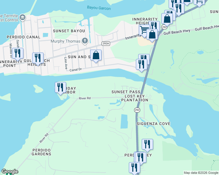 map of restaurants, bars, coffee shops, grocery stores, and more near 13900 River Road in Pensacola