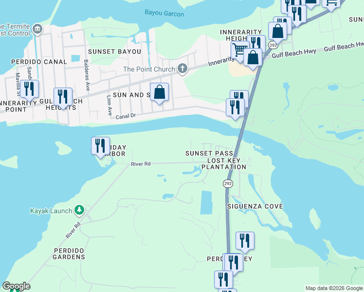 map of restaurants, bars, coffee shops, grocery stores, and more near 13840 River Road in Pensacola