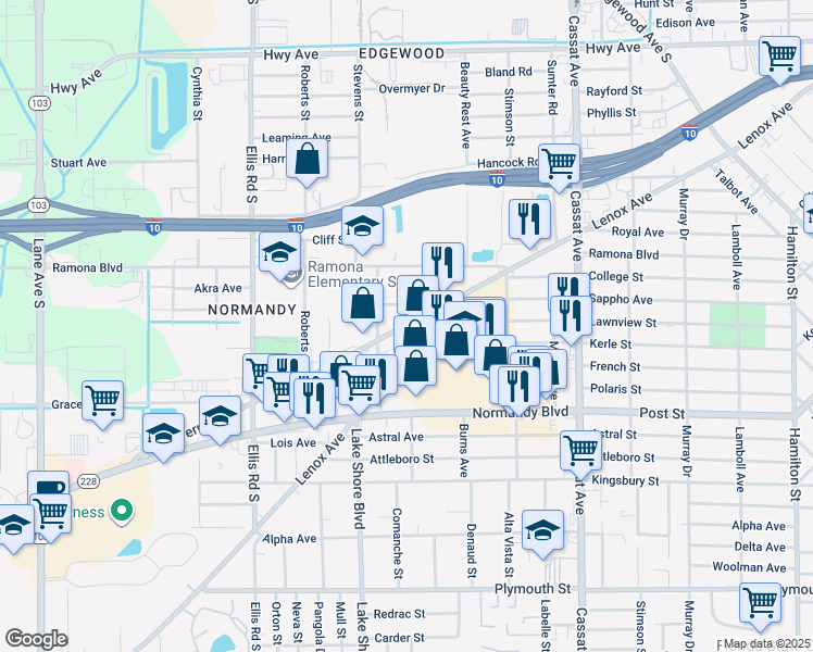 map of restaurants, bars, coffee shops, grocery stores, and more near in Jacksonville