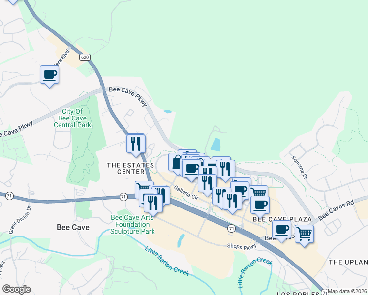 map of restaurants, bars, coffee shops, grocery stores, and more near 13000 Galleria Circle in Austin