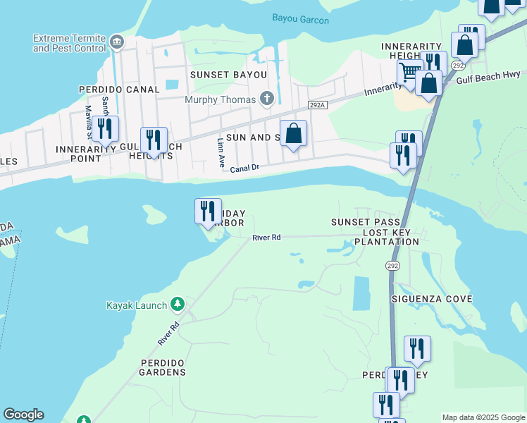 map of restaurants, bars, coffee shops, grocery stores, and more near 14024A Waterview Drive in Pensacola