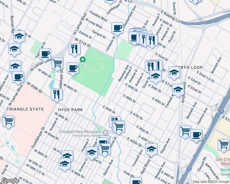 map of restaurants, bars, coffee shops, grocery stores, and more near 108 East 48th Street in Austin