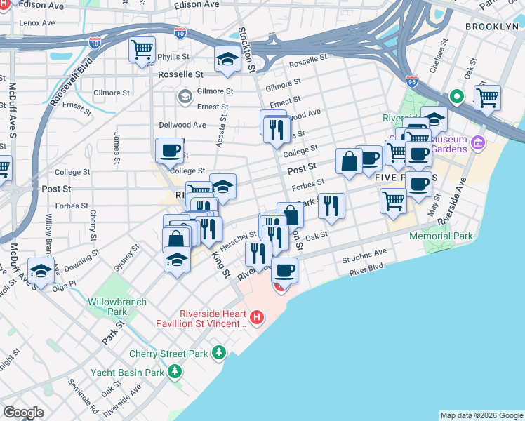 map of restaurants, bars, coffee shops, grocery stores, and more near 2549 Barrs Street in Jacksonville