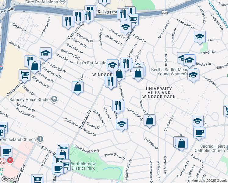 map of restaurants, bars, coffee shops, grocery stores, and more near 5811 Berkman Drive in Austin