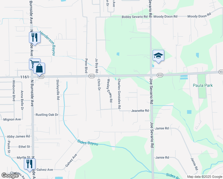 map of restaurants, bars, coffee shops, grocery stores, and more near 16480 Wesley Evans Road in Prairieville