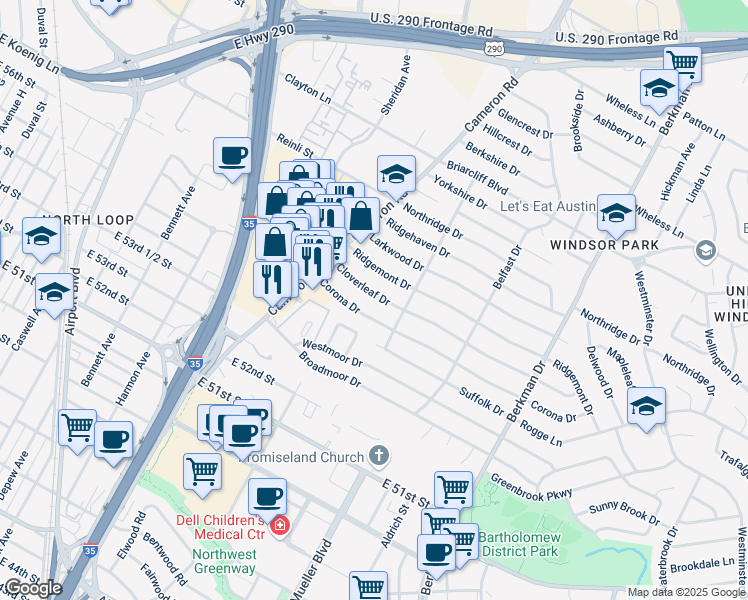 map of restaurants, bars, coffee shops, grocery stores, and more near 1305 Cloverleaf Drive in Austin