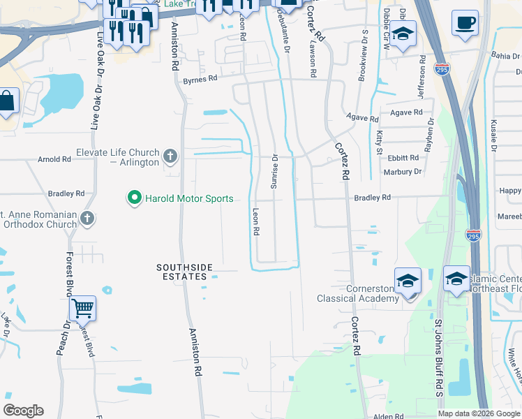 map of restaurants, bars, coffee shops, grocery stores, and more near 2137 Leon Road in Jacksonville