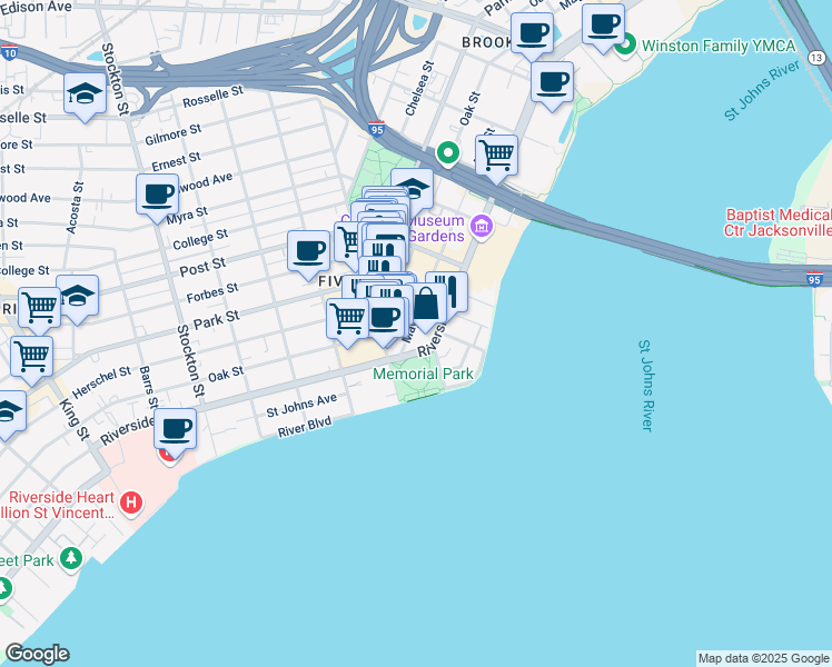 map of restaurants, bars, coffee shops, grocery stores, and more near 1545 May Street in Jacksonville