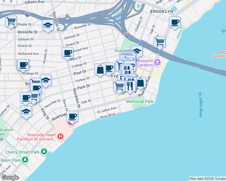 map of restaurants, bars, coffee shops, grocery stores, and more near 2063 Oak Street in Jacksonville
