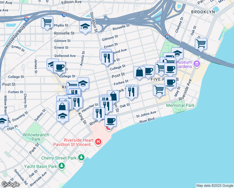 map of restaurants, bars, coffee shops, grocery stores, and more near 2504 Park Street in Jacksonville