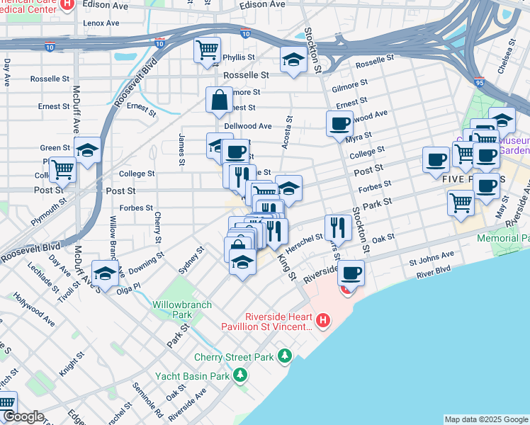 map of restaurants, bars, coffee shops, grocery stores, and more near 1233 King Street in Jacksonville