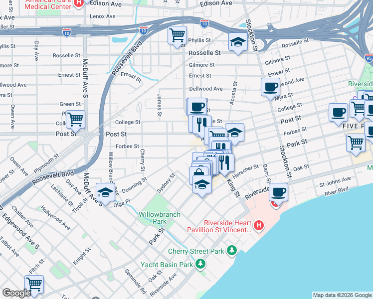 map of restaurants, bars, coffee shops, grocery stores, and more near 2747 Forbes Street in Jacksonville