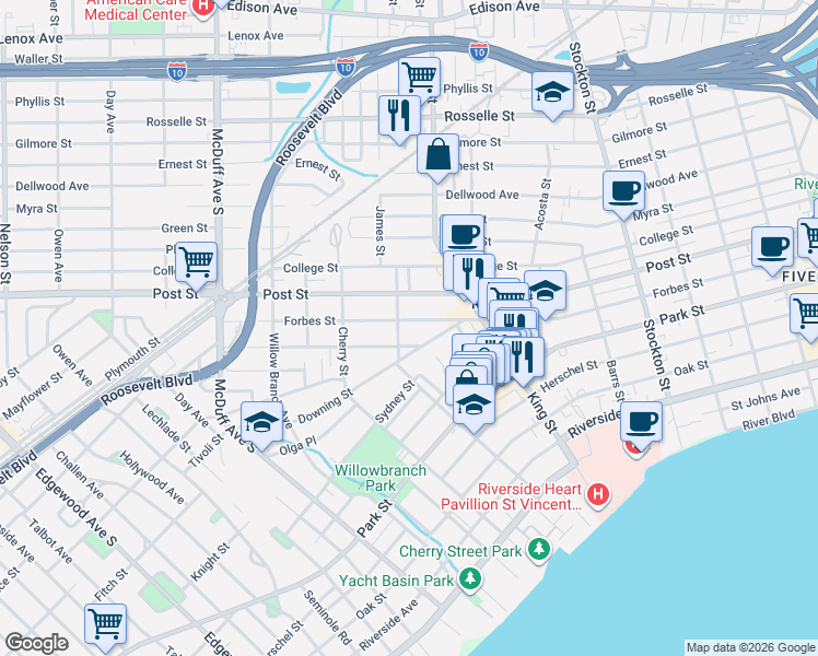 map of restaurants, bars, coffee shops, grocery stores, and more near 2780 Forbes Street in Jacksonville