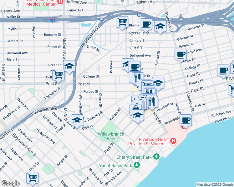map of restaurants, bars, coffee shops, grocery stores, and more near 2780 Forbes Street in Jacksonville