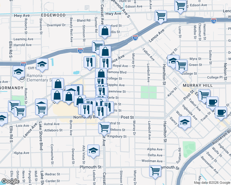 map of restaurants, bars, coffee shops, grocery stores, and more near 4808 Lawnview Street in Jacksonville