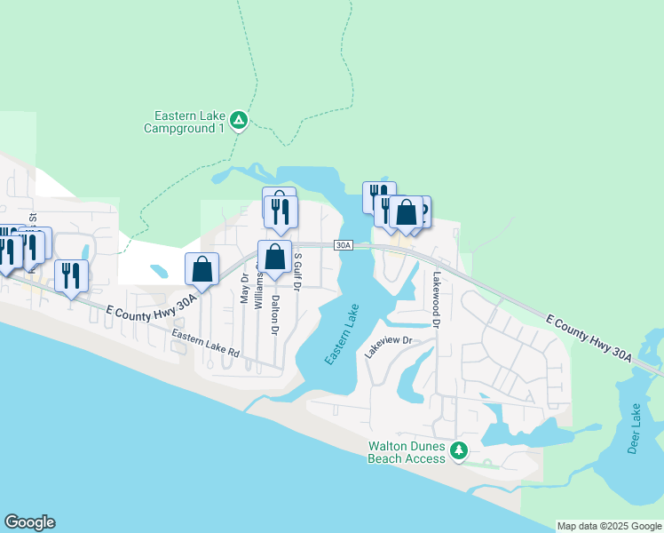map of restaurants, bars, coffee shops, grocery stores, and more near 67 South Lake Drive in Santa Rosa Beach