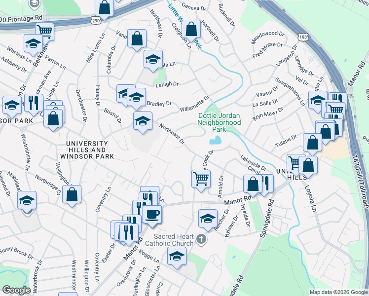 map of restaurants, bars, coffee shops, grocery stores, and more near 6413 Chimney Creek Circle in Austin