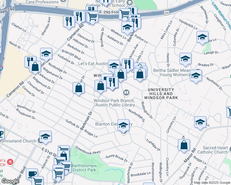 map of restaurants, bars, coffee shops, grocery stores, and more near 5811 Berkman Drive in Austin