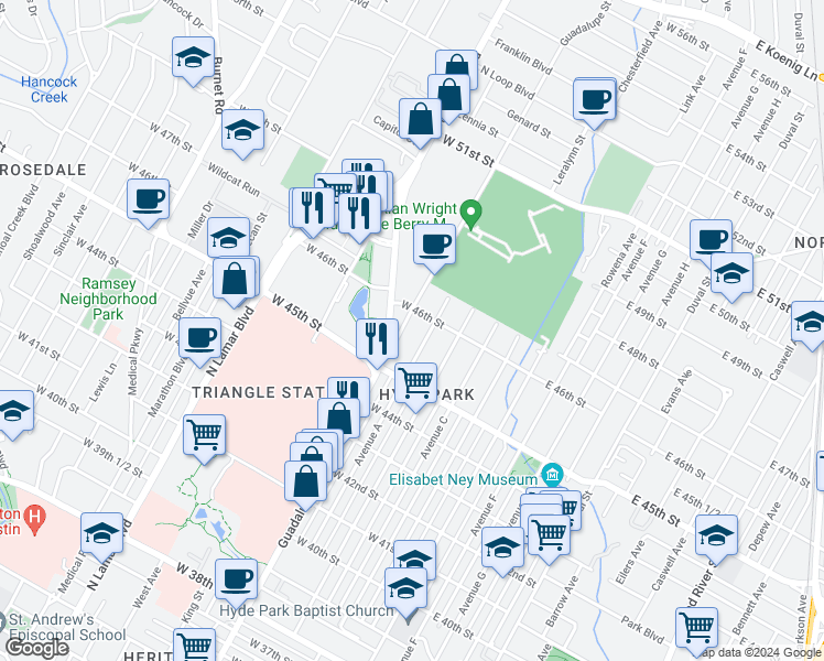 map of restaurants, bars, coffee shops, grocery stores, and more near 4547a Avenue A in Austin