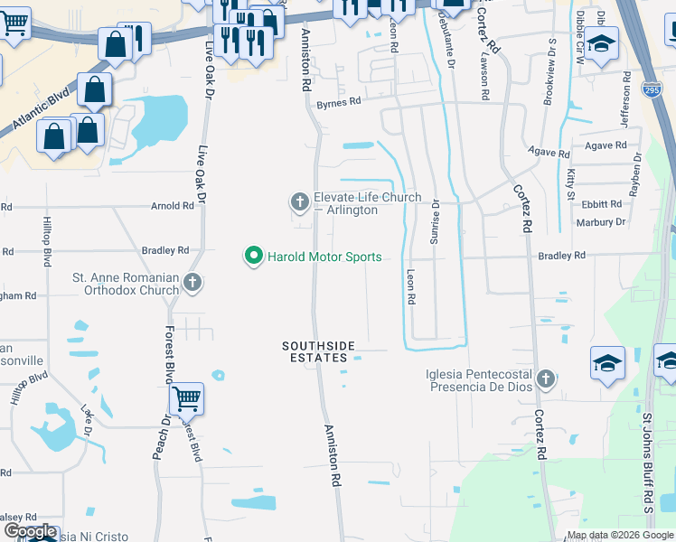 map of restaurants, bars, coffee shops, grocery stores, and more near 2135 Anniston Road in Jacksonville