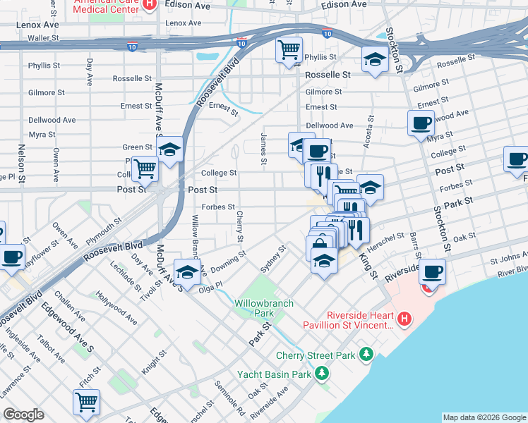 map of restaurants, bars, coffee shops, grocery stores, and more near 2818 Forbes St in Jacksonville