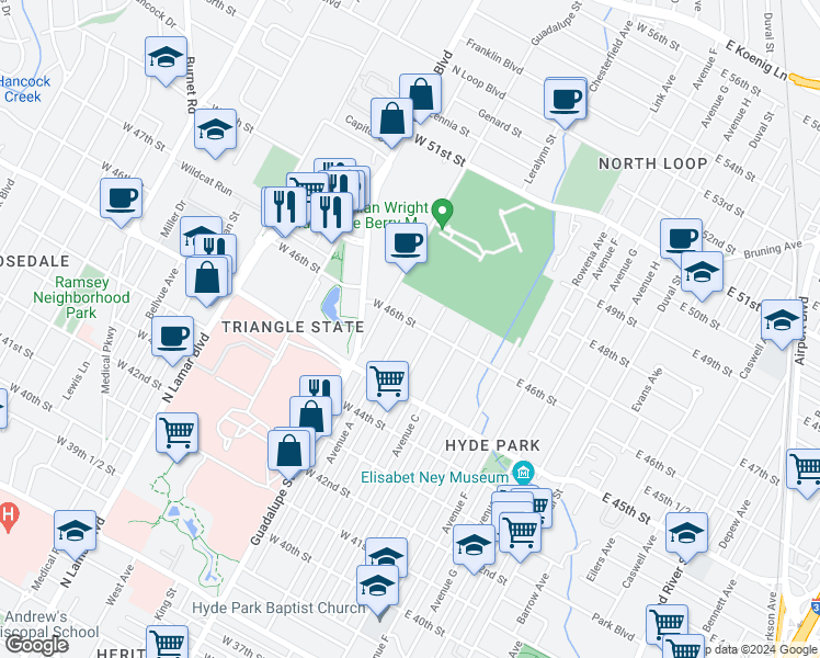 map of restaurants, bars, coffee shops, grocery stores, and more near 4559 Avenue A in Austin