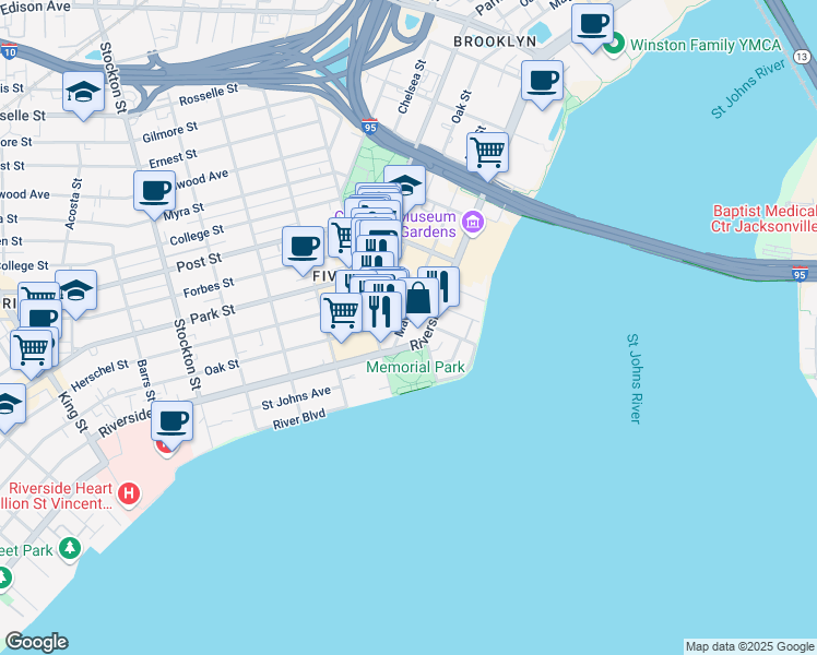 map of restaurants, bars, coffee shops, grocery stores, and more near 1545 May Street in Jacksonville