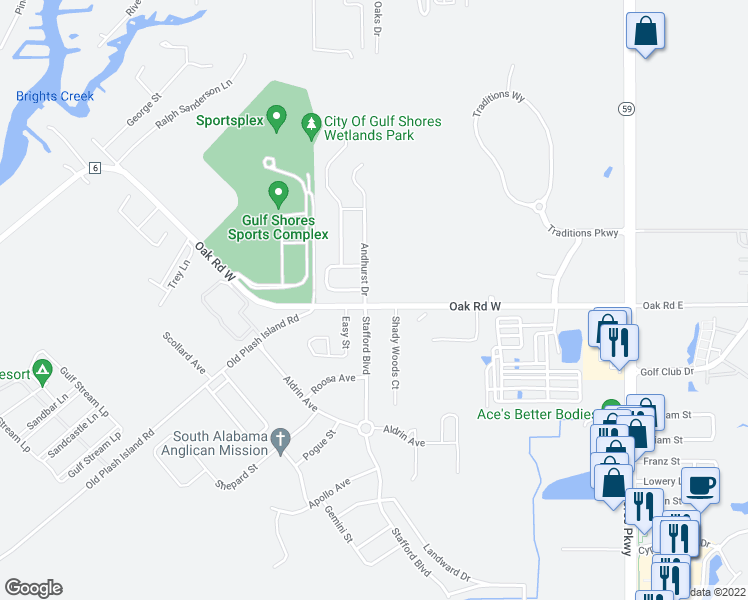 map of restaurants, bars, coffee shops, grocery stores, and more near 6006 Andhurst Drive in Gulf Shores