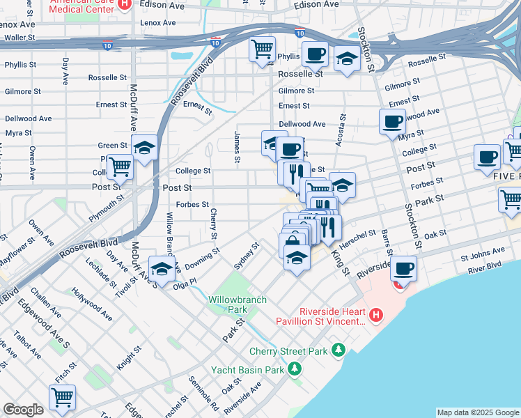 map of restaurants, bars, coffee shops, grocery stores, and more near 2780 Forbes Street in Jacksonville